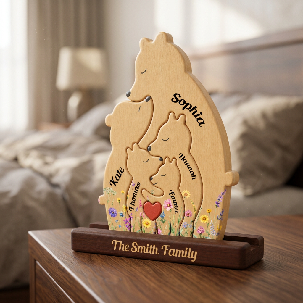Puzzle Familial Personnalisé Avec Un Ours – Puzzle En Bois Personnalisé Avec Prénom Gravé