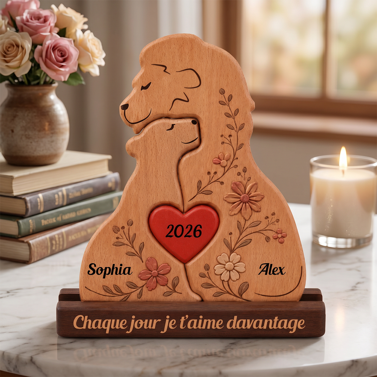 Famille de Lions Personnalisée au Style Unique - Puzzle Famille en Bois - Sculptures d'Animaux en Bois
