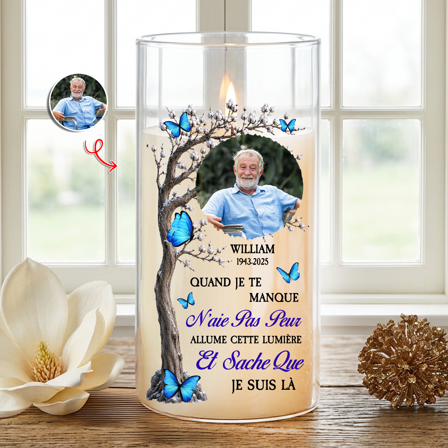 Bougie Commémorative Personnalisée avec Photo – Bougie LED Sans Flamme en Hommage à un Être Cher