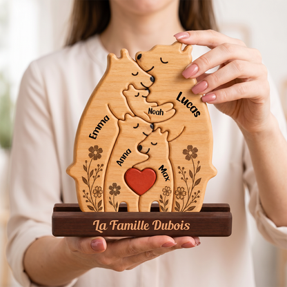 Puzzle Familial Personnalisé Fleur Ours – Puzzle En Bois Personnalisé Avec Prénom Gravé
