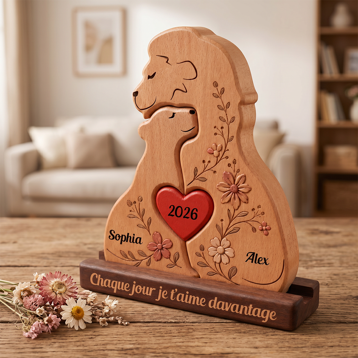 Famille de Lions Personnalisée au Style Unique - Puzzle Famille en Bois - Sculptures d'Animaux en Bois