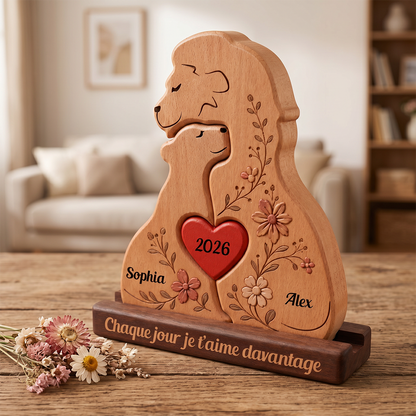 Famille de Lions Personnalisée au Style Unique - Puzzle Famille en Bois - Sculptures d'Animaux en Bois