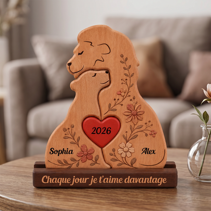 Famille de Lions Personnalisée au Style Unique - Puzzle Famille en Bois - Sculptures d'Animaux en Bois