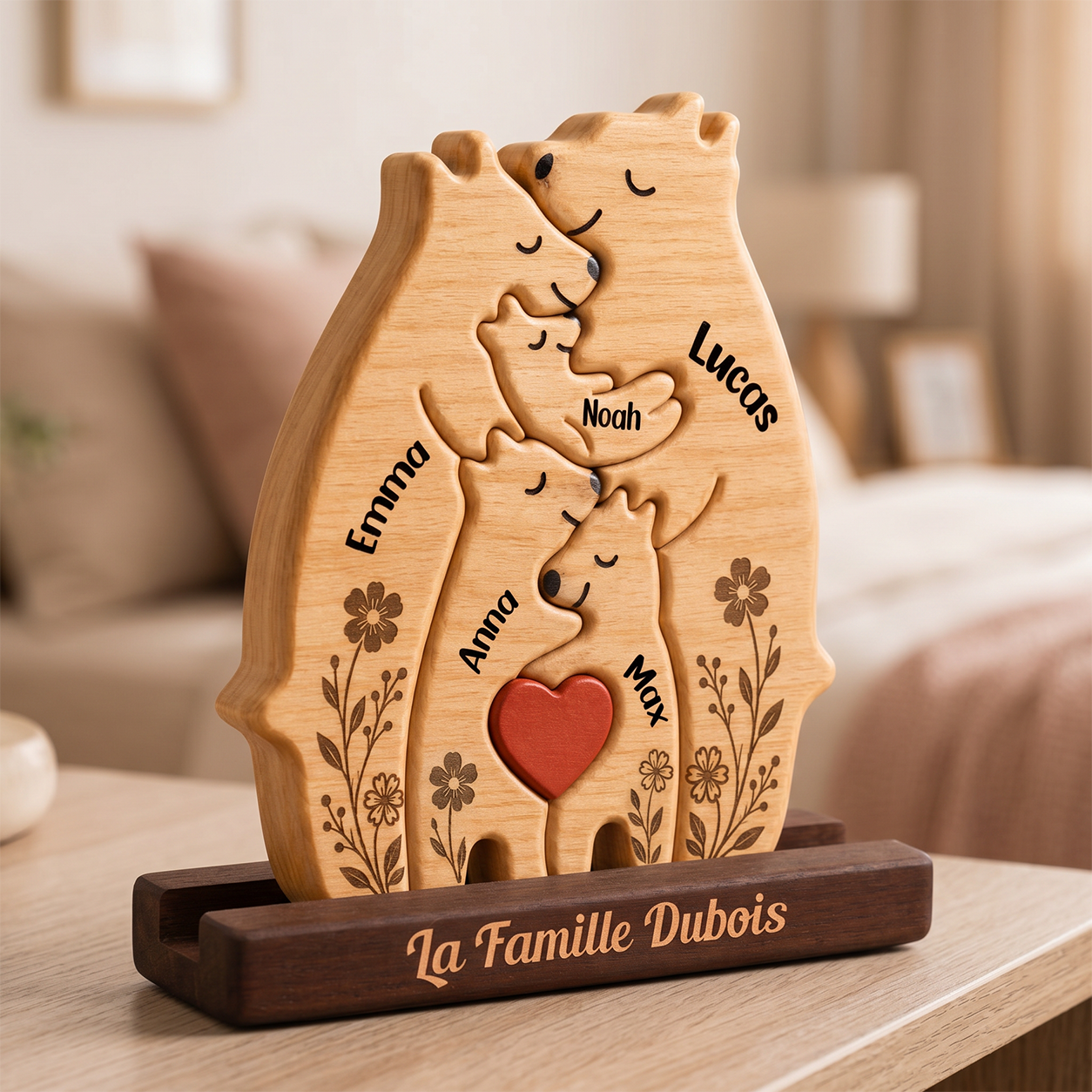 Puzzle Familial Personnalisé Fleur Ours – Puzzle En Bois Personnalisé Avec Prénom Gravé