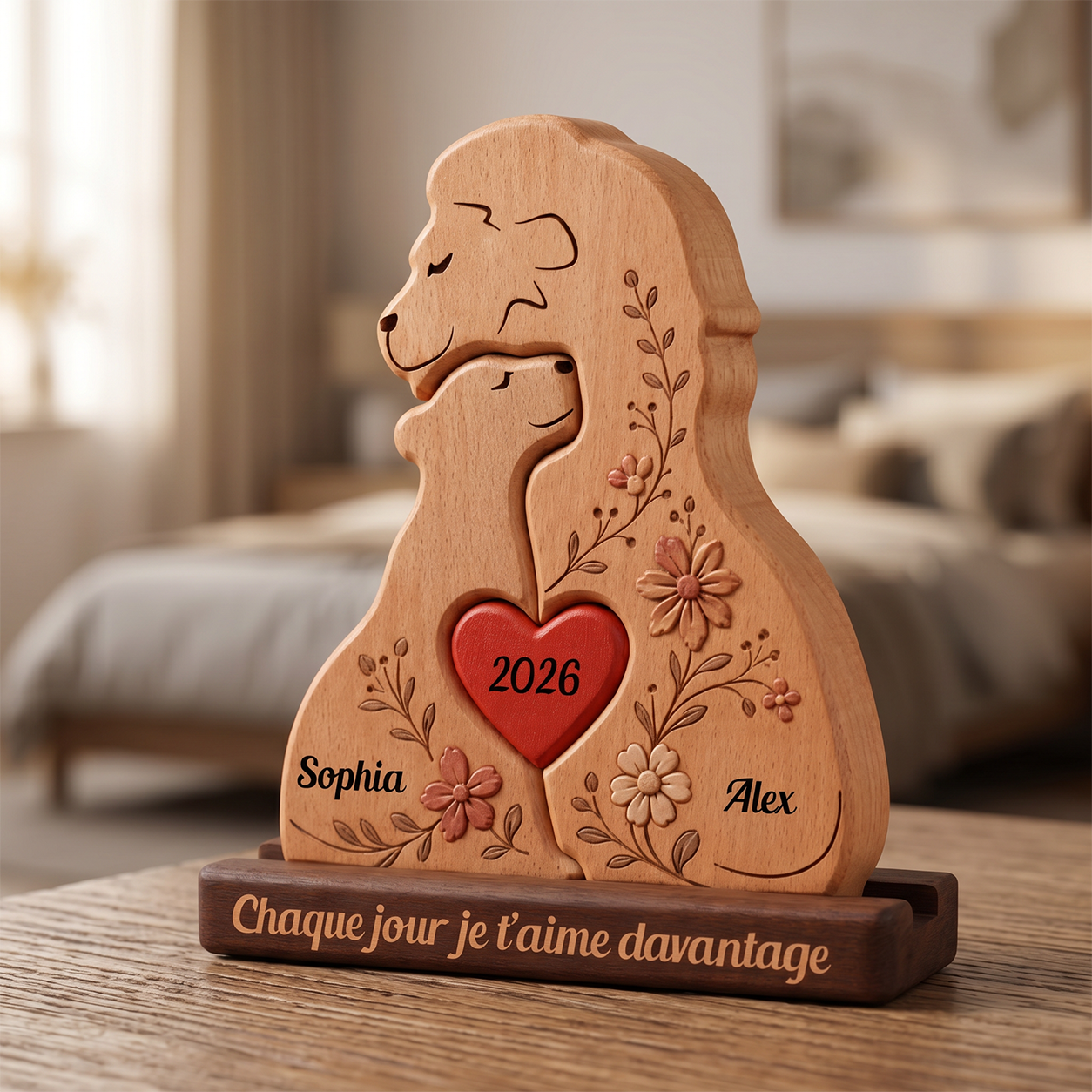 Famille de Lions Personnalisée au Style Unique - Puzzle Famille en Bois - Sculptures d'Animaux en Bois