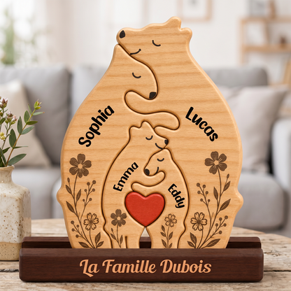 Puzzle Familial Personnalisé Fleur Ours – Puzzle En Bois Personnalisé Avec Prénom Gravé
