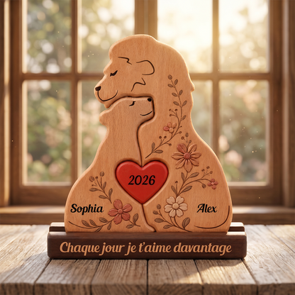 Famille de Lions Personnalisée au Style Unique - Puzzle Famille en Bois - Sculptures d'Animaux en Bois