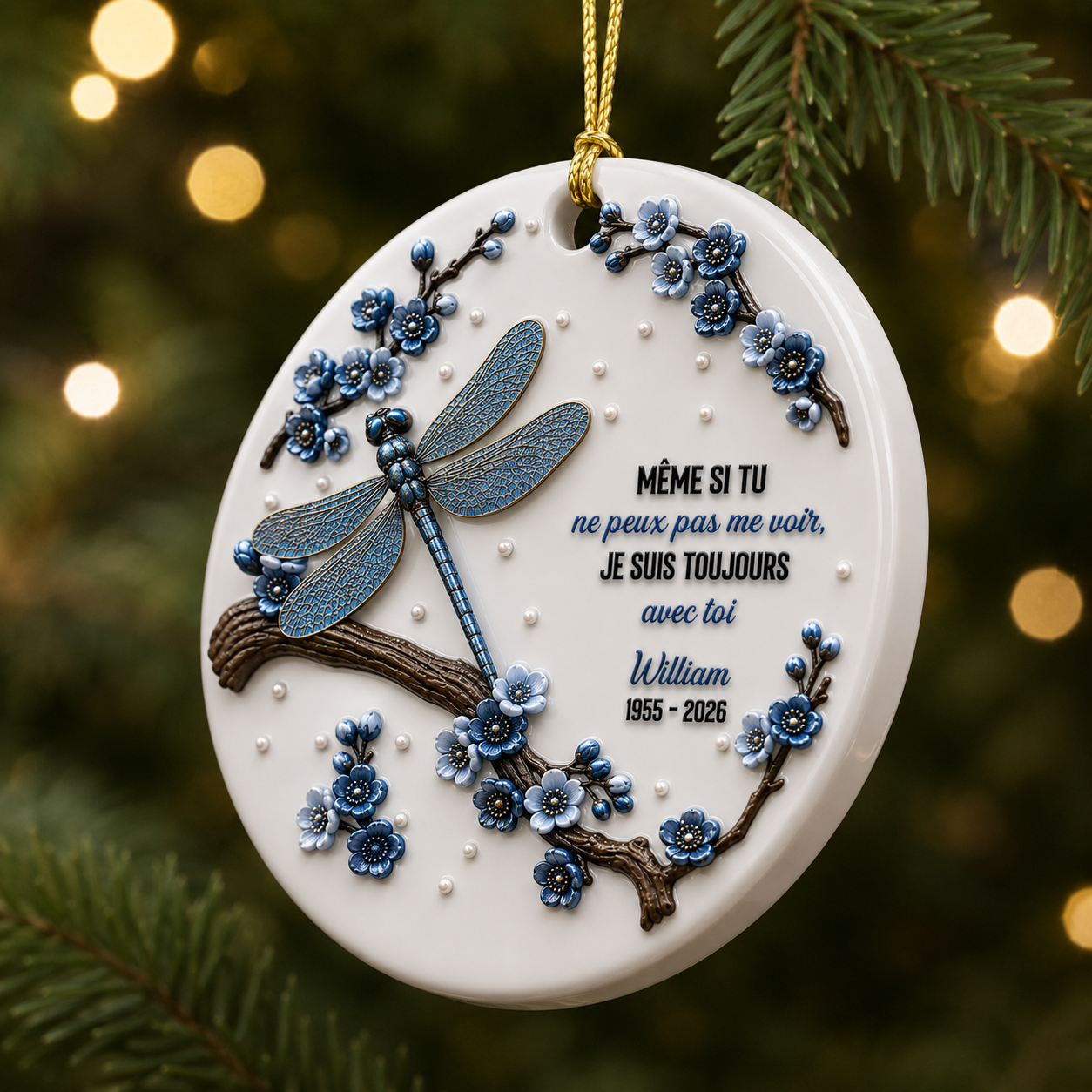 Ornement Souvenir En Céramique Blanche Avec Effet Relief 3D – Libellule Bleue