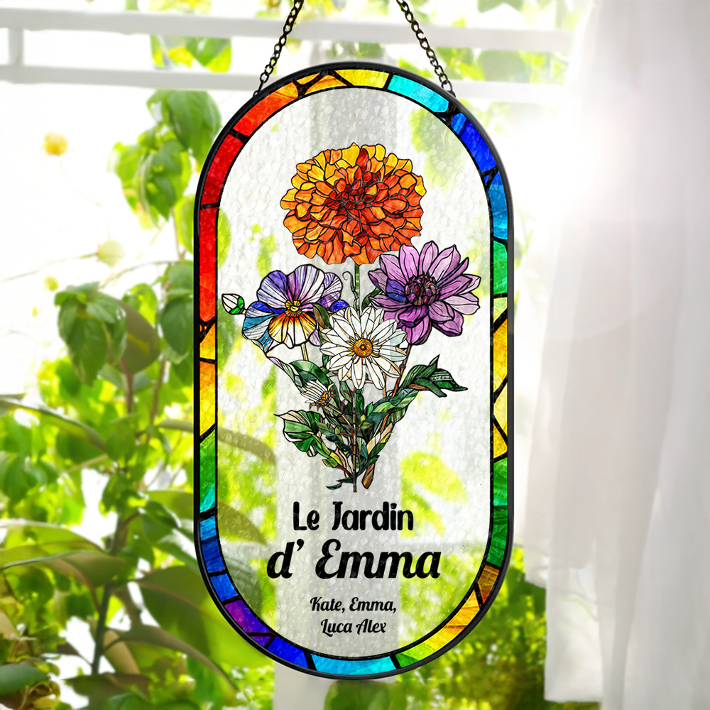 Le Jardin De Maman Mamie - Attrape-Soleil Rectangulaire à Coins Arrondis en Vitrail Personnalisé