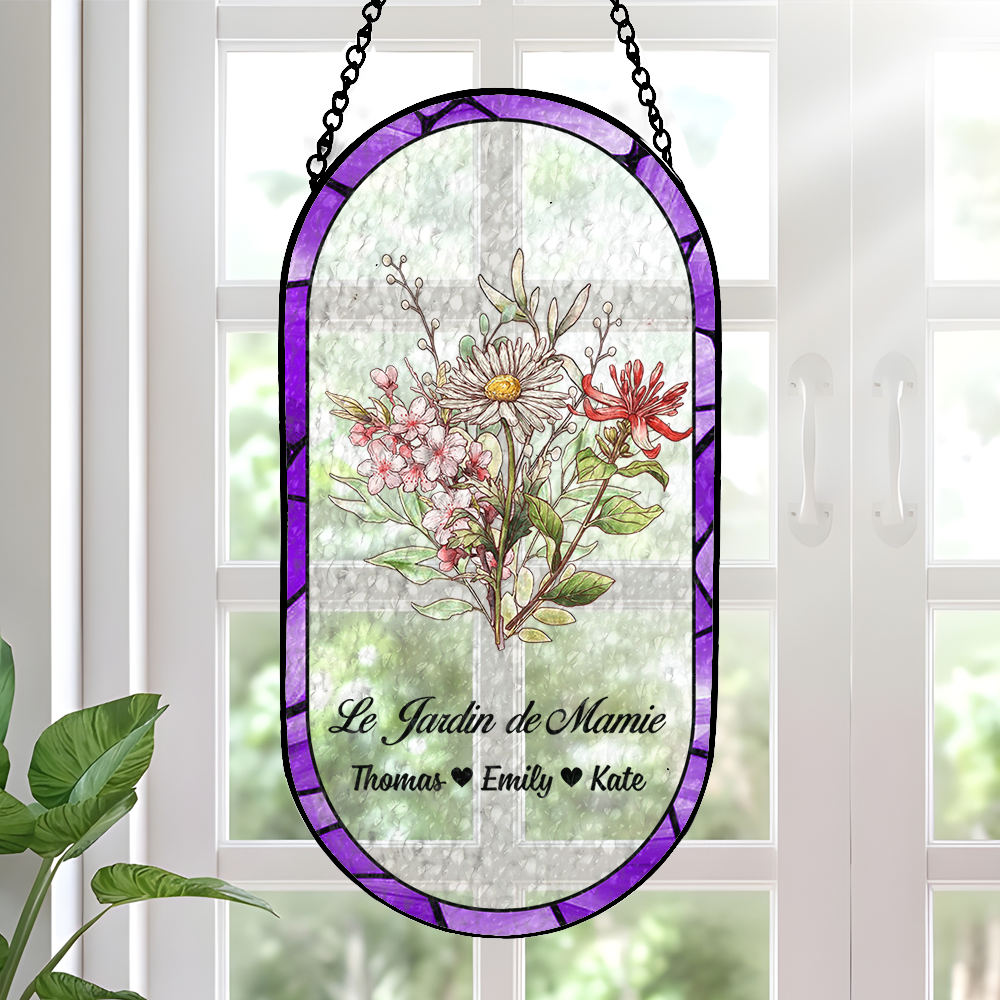 Le Jardin - Attrape-Soleil Rectangulaire à Coins Arrondis en Vitrail Personnalisé