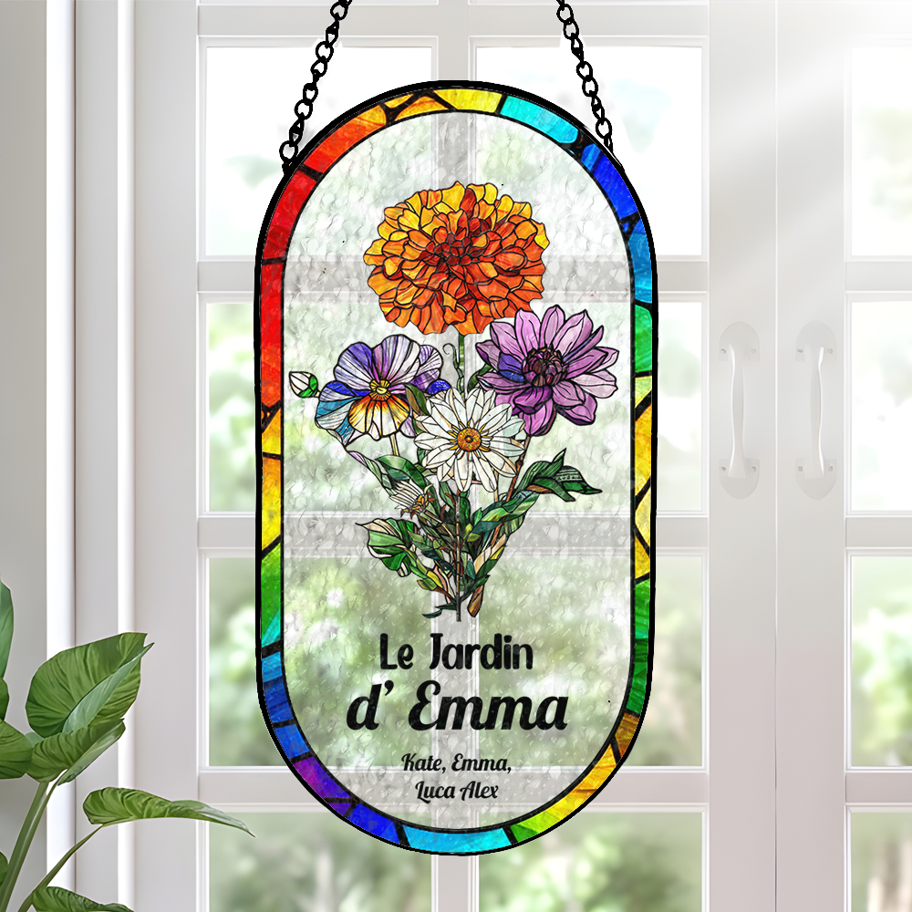 Le Jardin De Maman Mamie - Attrape-Soleil Rectangulaire à Coins Arrondis en Vitrail Personnalisé
