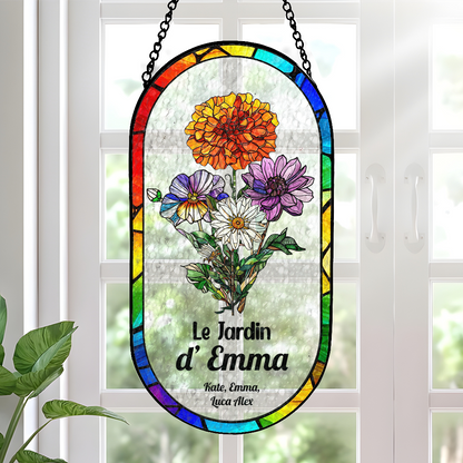 Le Jardin De Maman Mamie - Attrape-Soleil Rectangulaire à Coins Arrondis en Vitrail Personnalisé