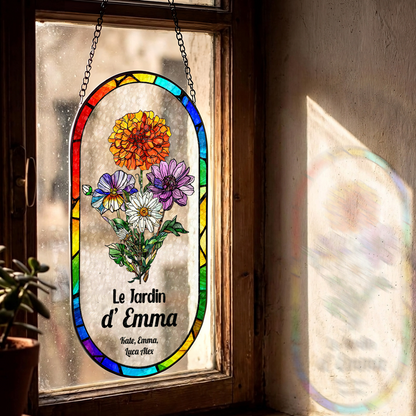 Le Jardin De Maman Mamie - Attrape-Soleil Rectangulaire à Coins Arrondis en Vitrail Personnalisé