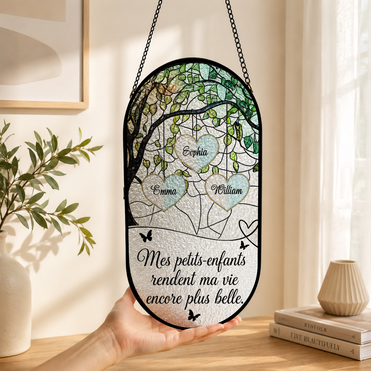 Mes petits-enfants - Attrape-Soleil Rectangulaire à Coins Arrondis en Vitrail Personnalisé