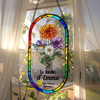 Le Jardin De Maman Mamie - Attrape-Soleil Rectangulaire à Coins Arrondis en Vitrail Personnalisé
