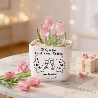 Il N’y A Pas De Plus Beau Cadeau Que L’amitié - Tulipes Éternelles Personnalisées dans un Vase en Verre