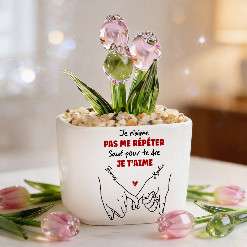 Je t'aime - Tulipes Éternelles Personnalisées dans un Vase en Verre