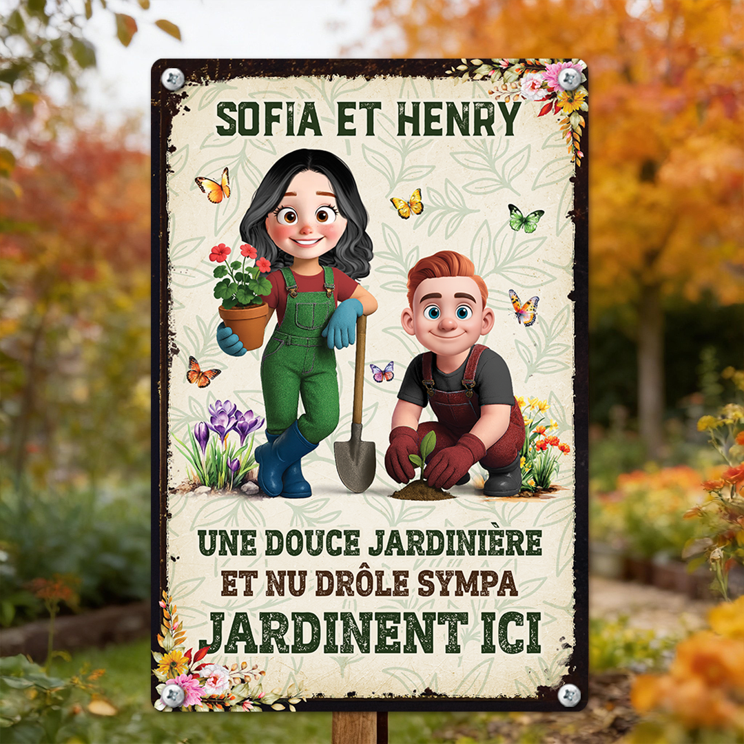 Une Folle Des Plantes Et Un Vieux Grincheux - Jardinent Ici – Plaque En Métal Personnalisée