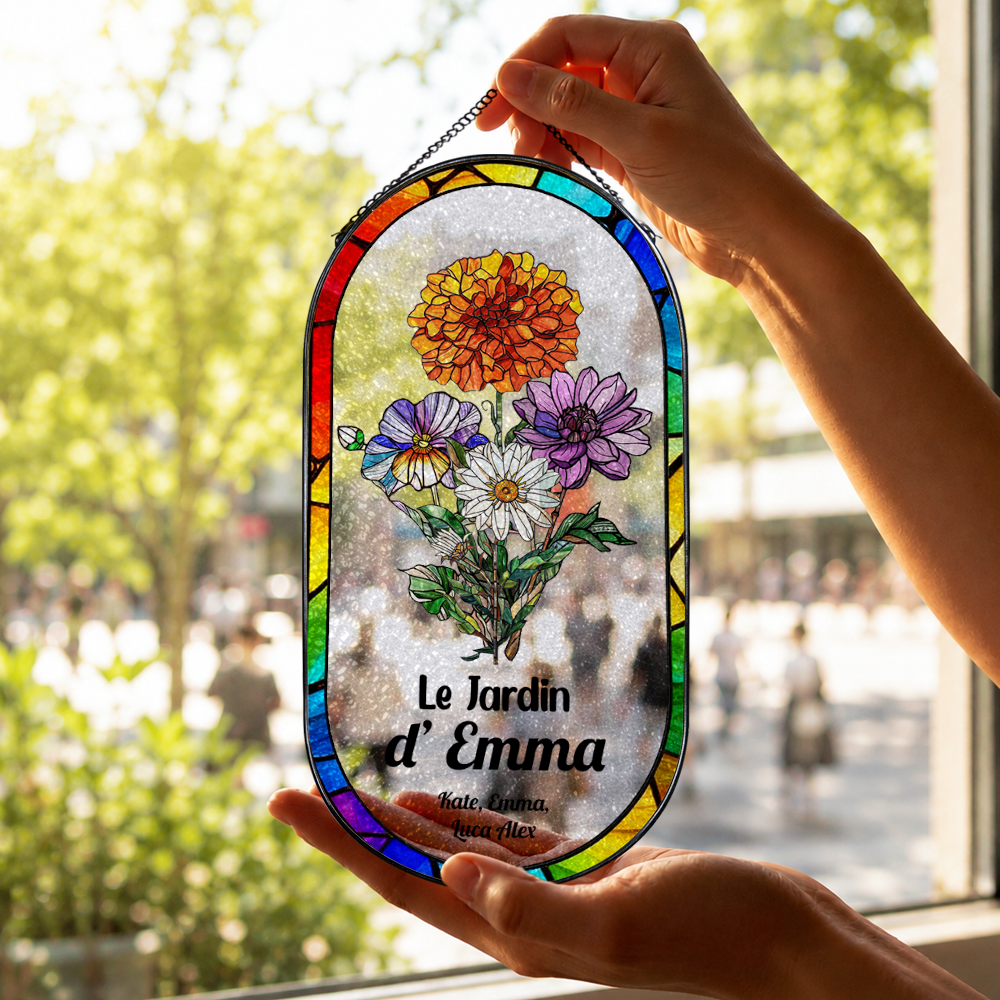 Le Jardin De Maman Mamie - Attrape-Soleil Rectangulaire à Coins Arrondis en Vitrail Personnalisé