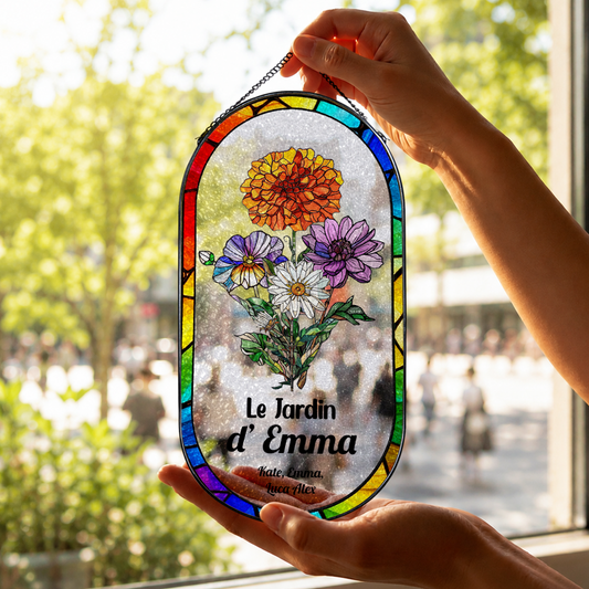 Le Jardin De Maman Mamie - Attrape-Soleil Rectangulaire à Coins Arrondis en Vitrail Personnalisé