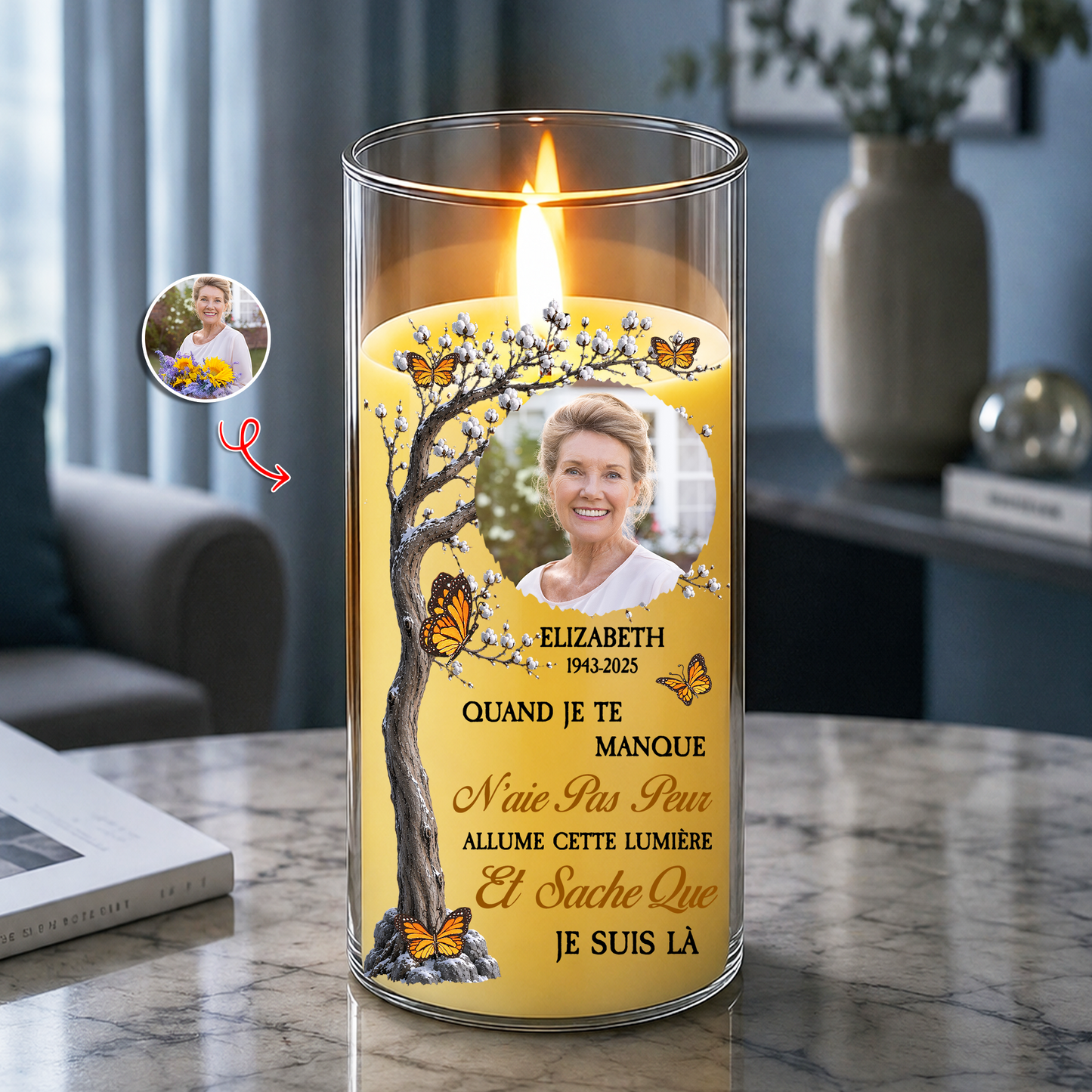 Bougie Commémorative Personnalisée avec Photo – Bougie LED Sans Flamme en Hommage à un Être Cher